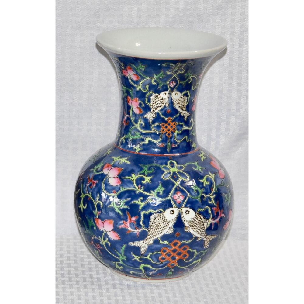 Japanese Enamelled Ceramic Hand Painted Peaches and Fish Trumpet Vase - Picture 2 of 7